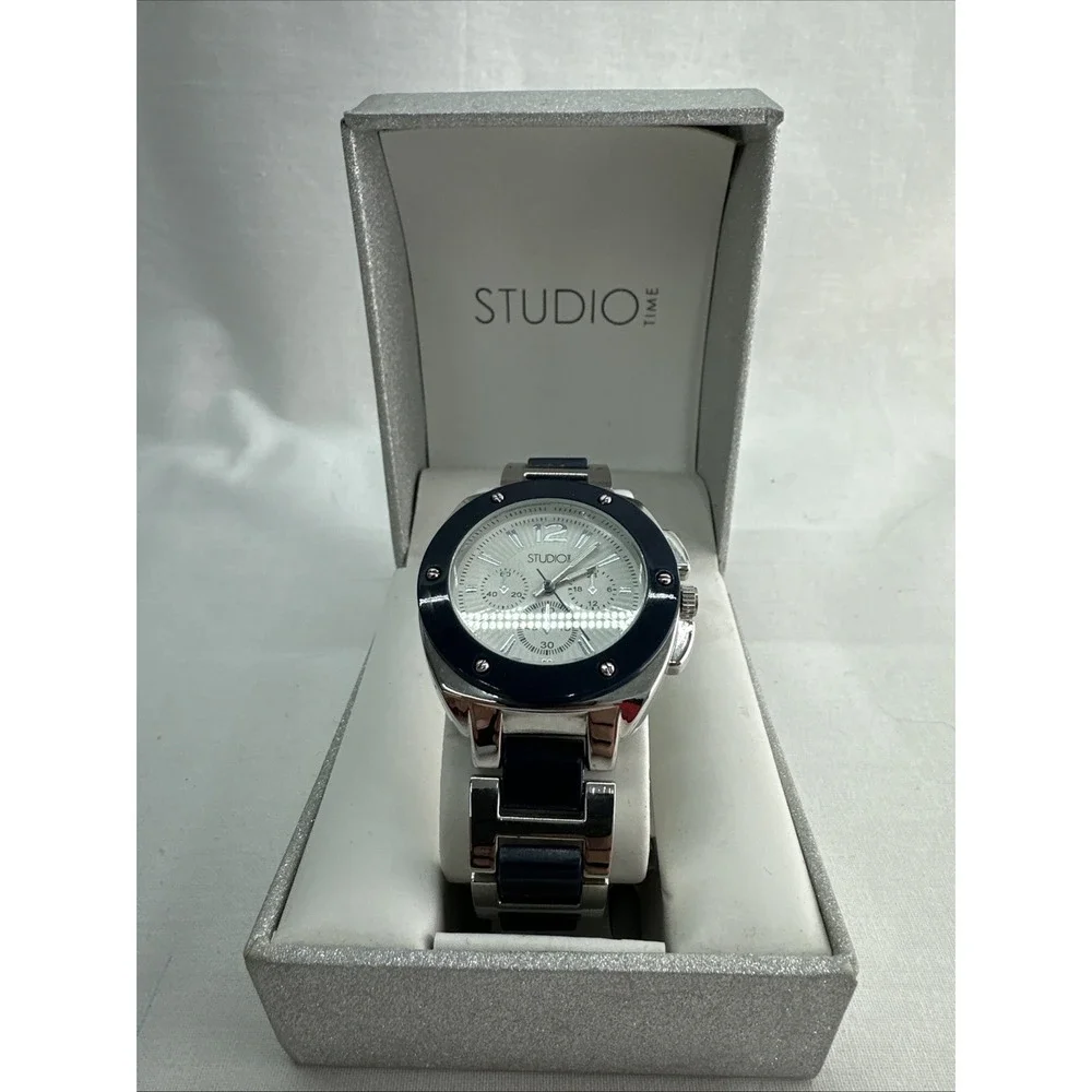 Studio Time Women's Watch Silver Tone Navy Blue Accents 40mm New Battery VG